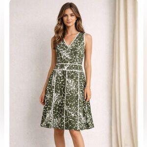 Lafayette 148 New York olive green tropical floral a-line midi dress size 10
